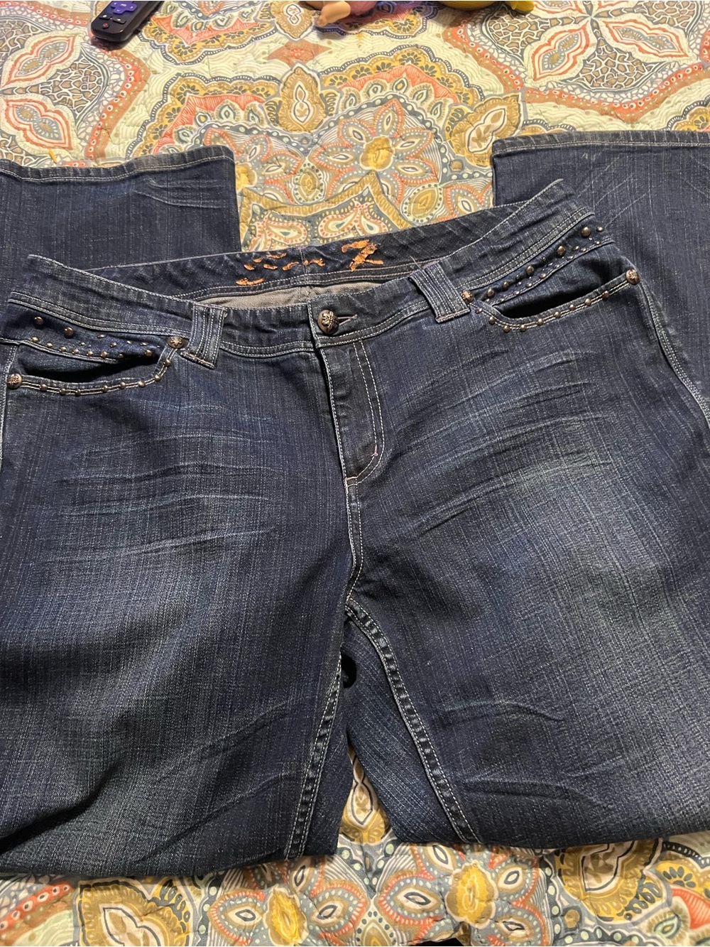 Seven7 Dark Blue Straight Leg Jeans with Studded Pocket Trim